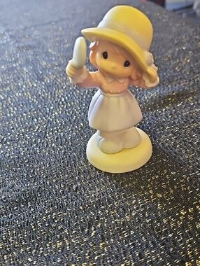 Precious Moments Yellow Hat Girl Figurine with Pink Dress and White Apron